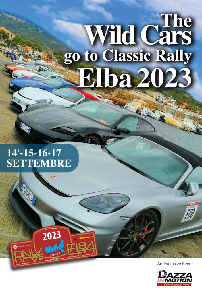 Locandina dell'evento open Rally Elba 2023, con foto di una fila di Porsche